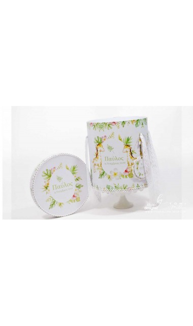 Trusou botez cu girafa si puiul ei cu frunze exotice de palmier si efecte watercolor Jungle Baby Giraffe 26